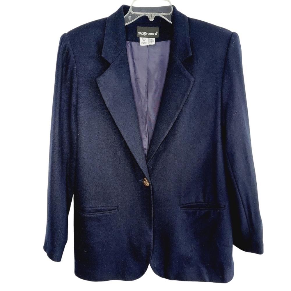 VTG Blazer 100% Pure Wool Navy Blue Gold Single Button Fully Lined 90s Jacket